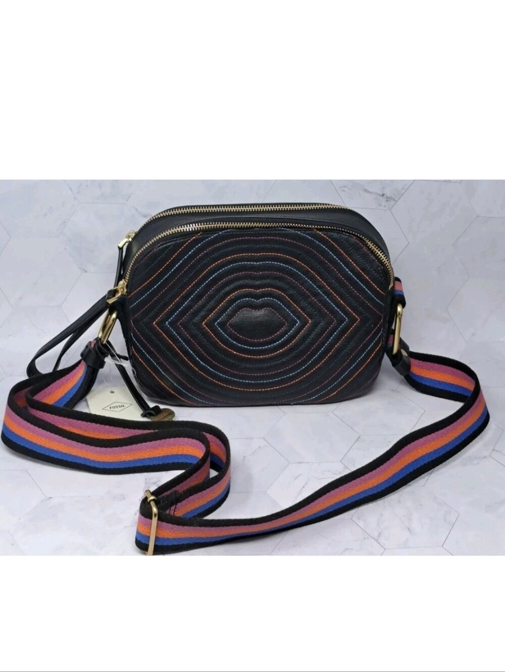 NWT Fossil Elle Quilted Lips Leather Crossbody Bag Black Multi Color